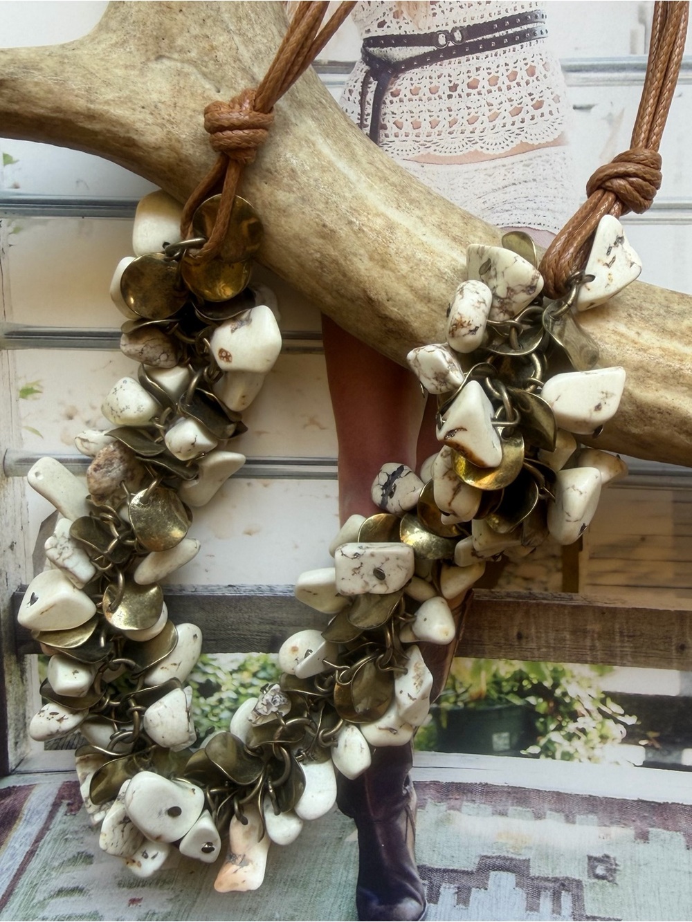 Boho Chunky Chip Stone Cluster Necklace, Bronze Beads, Cord